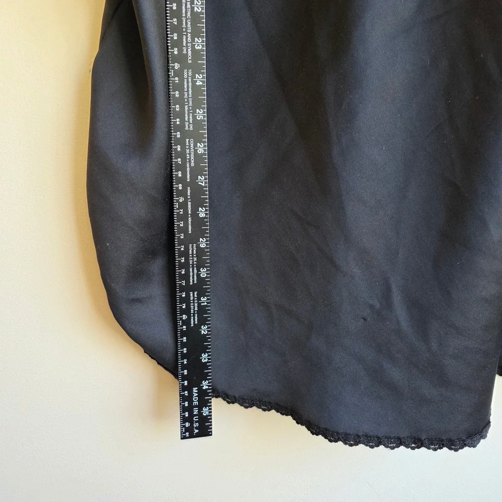 Vintage Black Satin Lace Chemise Nightgown Red Floral Trim Goth Vampy Slip Dress